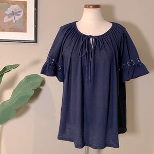 Anthropologie Naif Navy Blue Flutter Sleeve Blouse, Lace Up & Grommet Trim, 1X